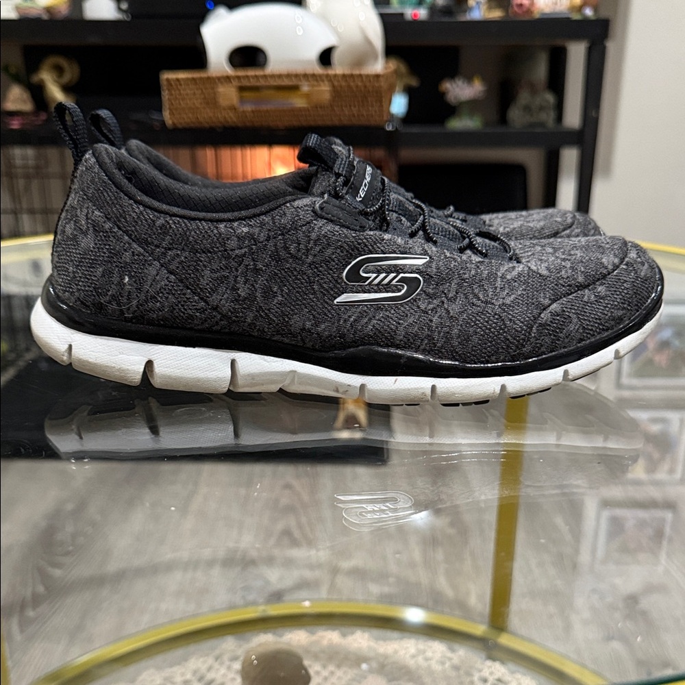Skechers Black Knit Slip-On Athletic Sneakers with Pink Floral Insole